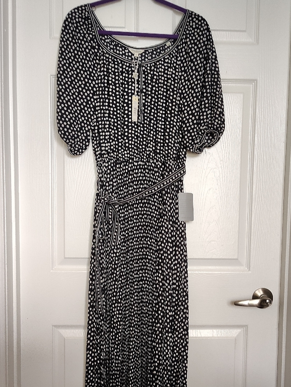 Max Studio London Polka Dot Pleated Bottom Bubble Sleeve Midi Dress L NWT